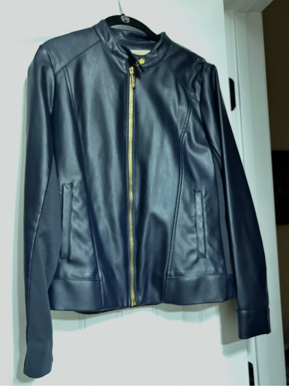 MICHAEL Michael Kors Navy Faux Leather Zip Jacket with Gold Hardware